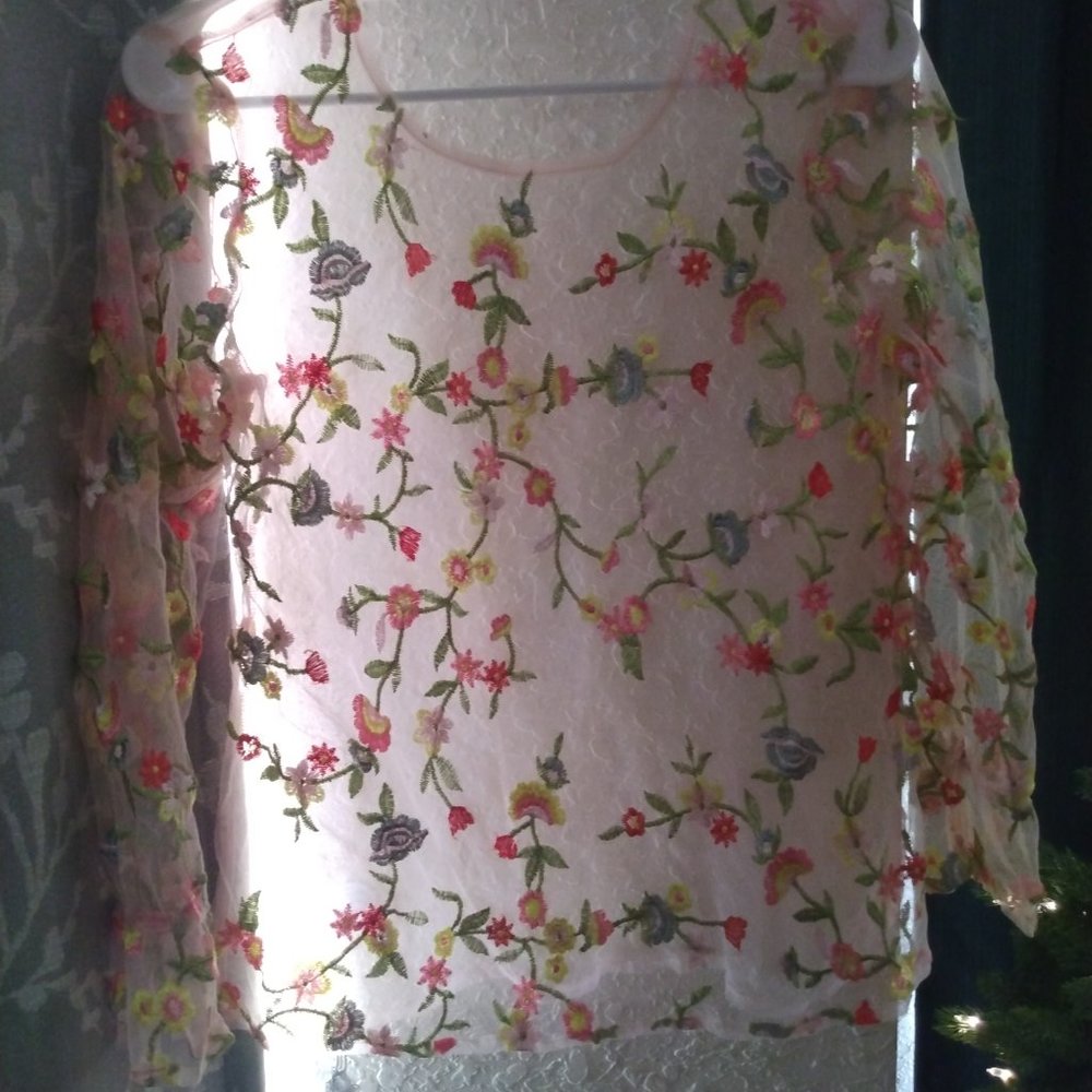 Mesh floral embroidered shirt